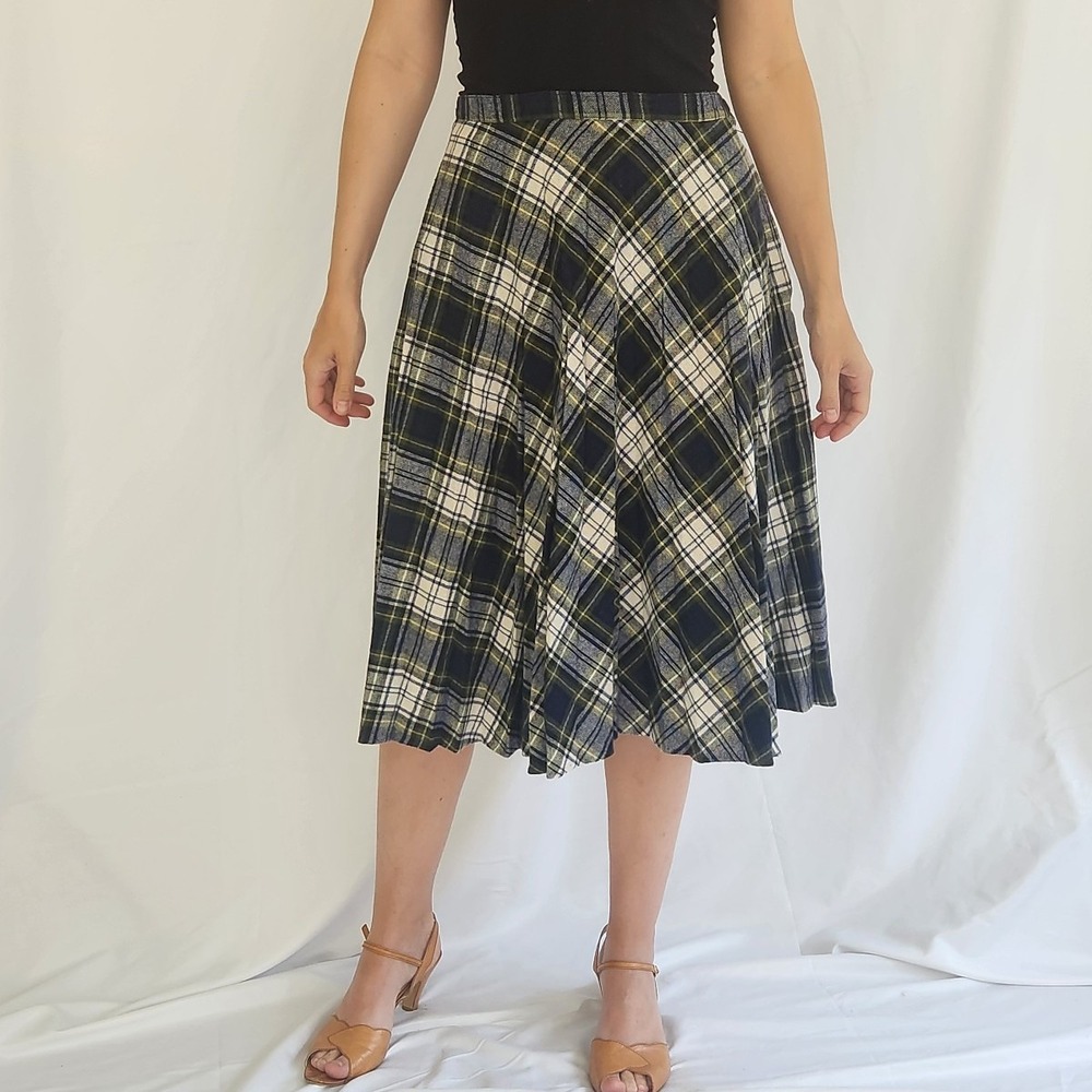 70s Blue and Green Plaid‎ Pleated Midi Skirt